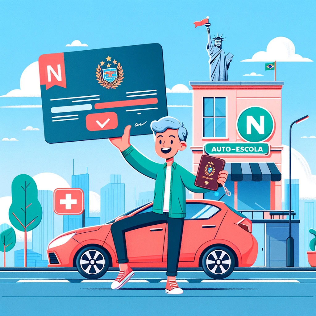 Uma imagem ilustrativa que mostra uma pessoa feliz segurando uma Carteira Nacional de Habilitação (CNH) com um carro e uma autoescola ao fundo. A imag